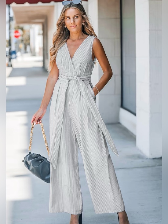 Cupshe Pants - Cupshe Pinstriped Sash Jumpsuit NWT | Small • Wide‑Leg • Sleeveless • Chic Fit